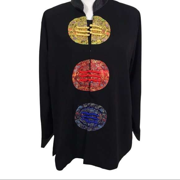Vintage Women’s Large 100% Silk Black Brocade Trim Jacket Knot Closures - Picture 3 of 10
